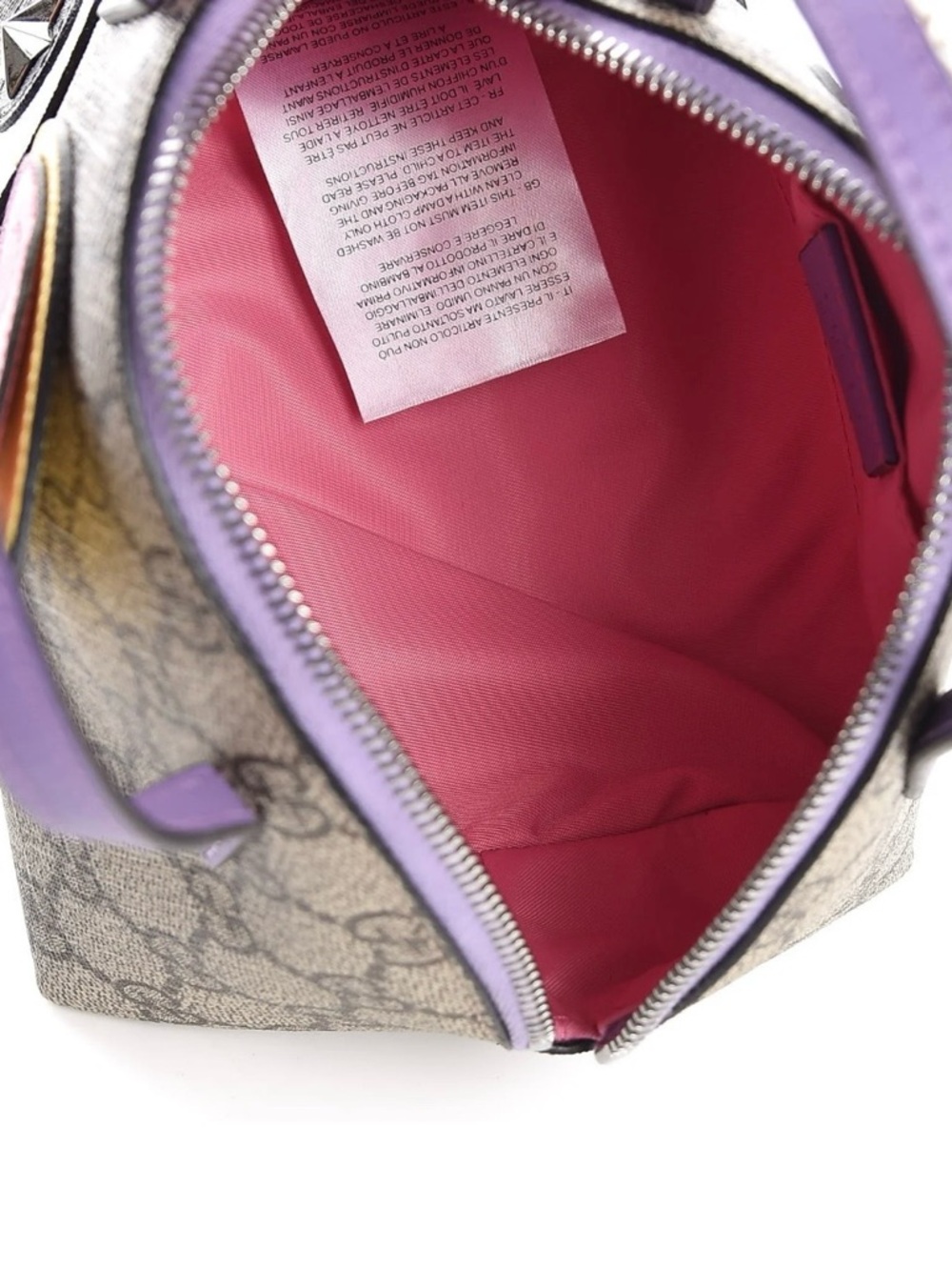 Gucci Beige GG Supreme Mini Dome Satchel with Purple Trim and Colorful Appliqués - Picture 5 of 9